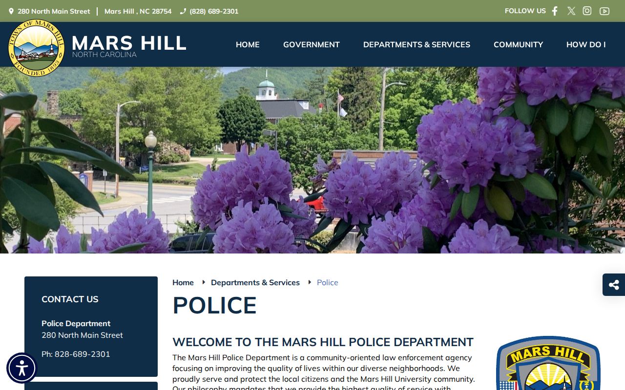 Official Mars Hill Police Department webpage with contact and service information