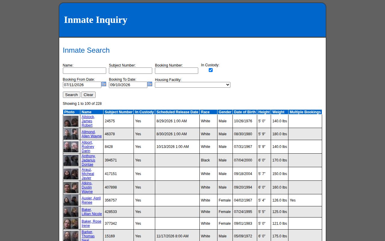 Madison County Inmate Inquiry search fields