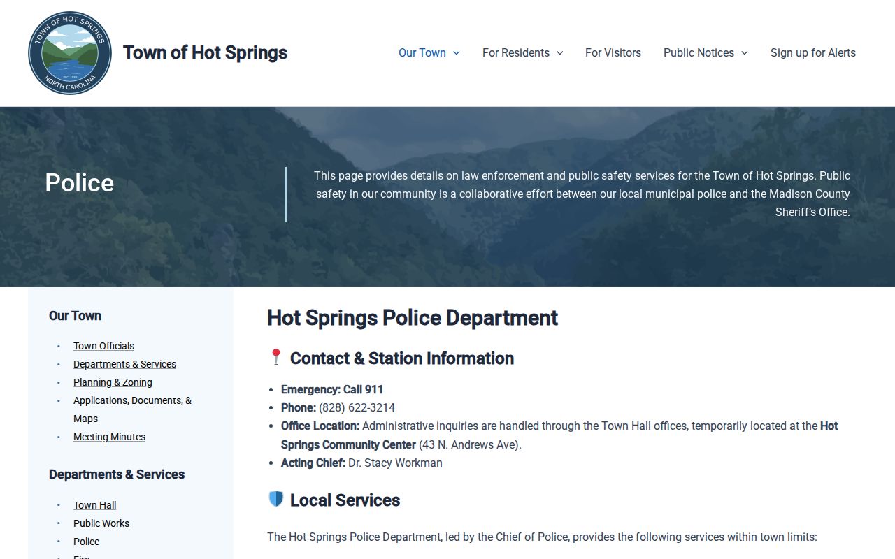 Official Hot Springs Police Department page showing contact information and public safety services