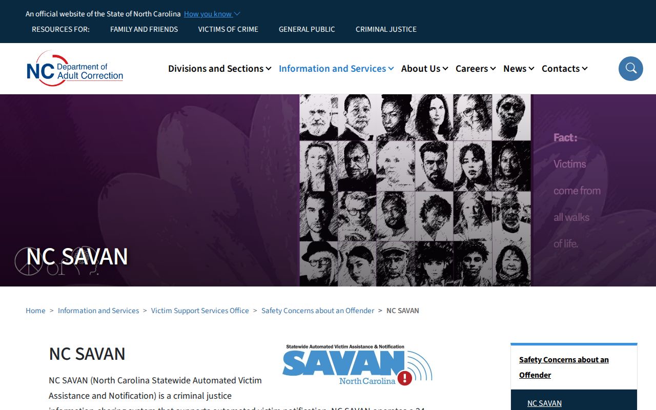 Official North Carolina SAVAN page with state branding and hotline information