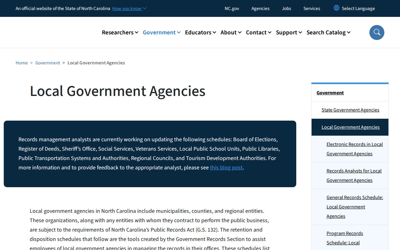 North Carolina State Archives local government retention guidance