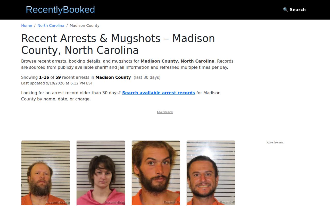 Neutral disclaimer area from an unofficial Madison County booking page